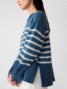 Gap Women's Nautical Blue Striped 24/7 Split Hem Roll Neck Knit Sweater Size S-L
